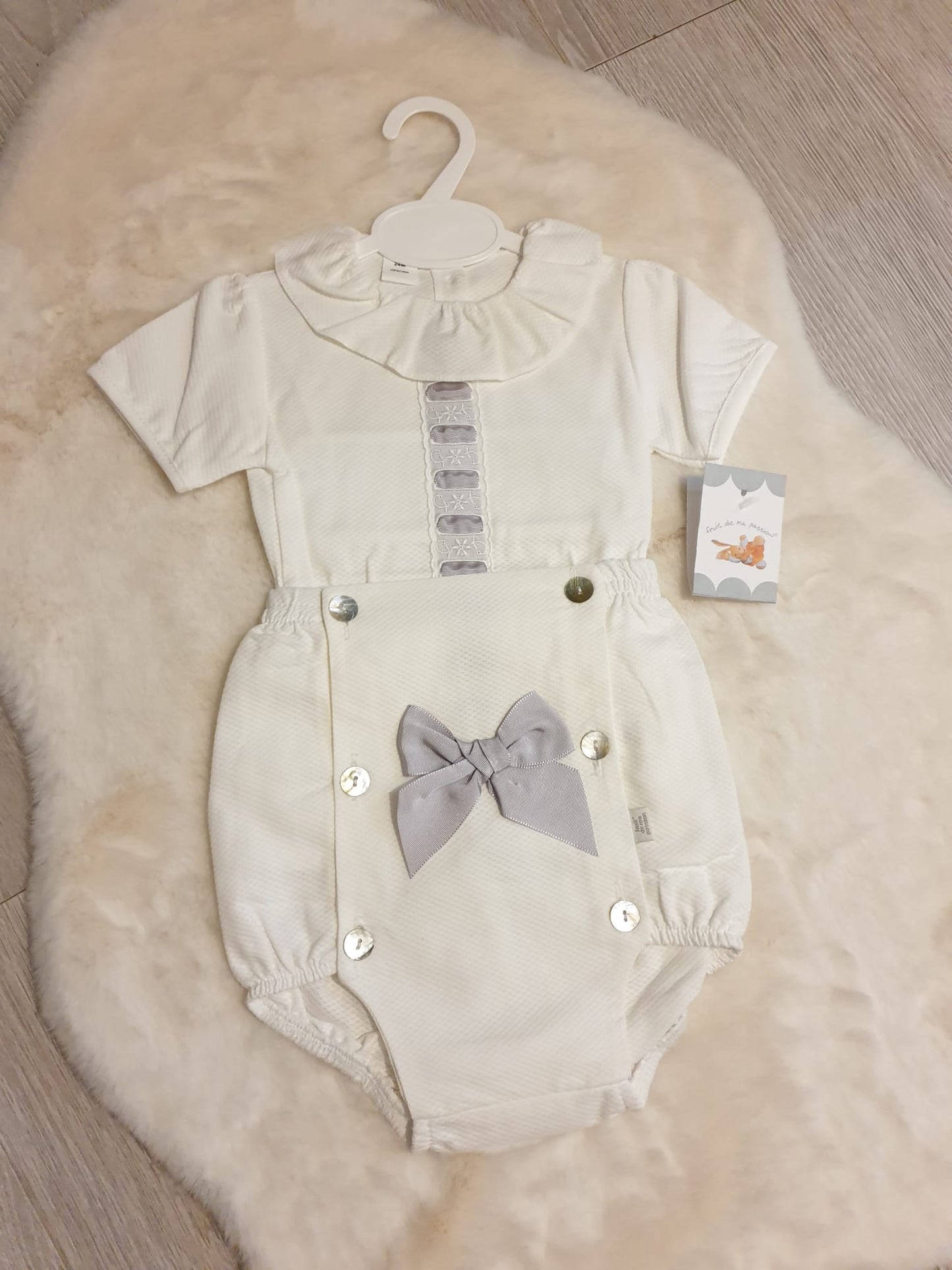 Baby Spanish White And Grey Bow Romper